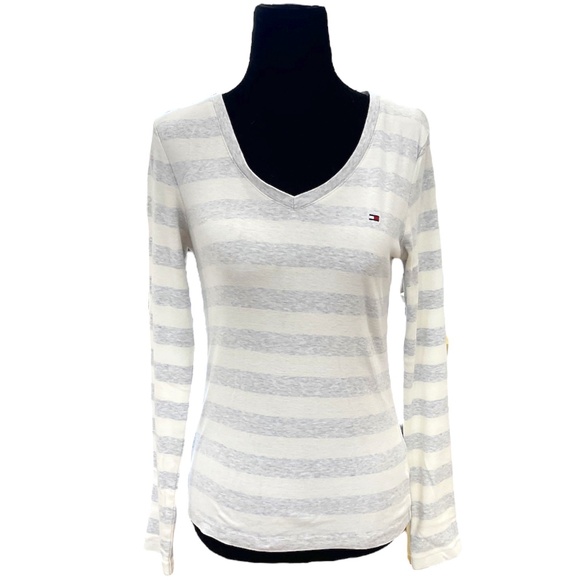 Tommy Hilfiger White & Grey Striped Long Sleeve Vintage Shirt - Picture 1 of 6